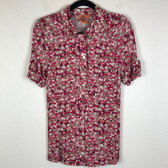Tory Burch Floral Gold Button Collared Half Button Up Rayon Polo Sz S - Picture 1 of 8